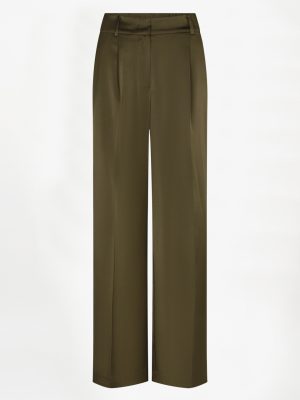Dante6 Jules Bold Satin Smart Pants in Moss Olive, olijfgroene satijnen damespantalon met hoge taille, ingeperste plooien en lange wijde pijpen.