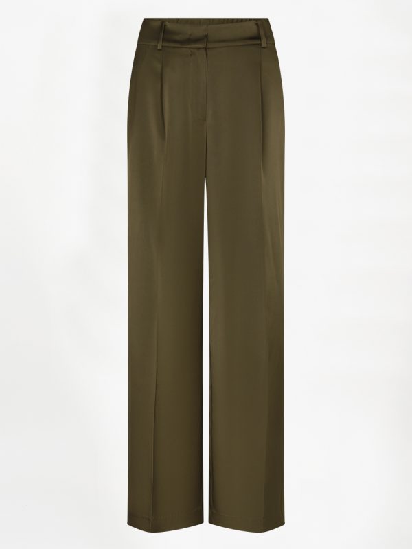 Dante6 Jules Bold Satin Smart Pants in Moss Olive, olijfgroene satijnen damespantalon met hoge taille, ingeperste plooien en lange wijde pijpen.
