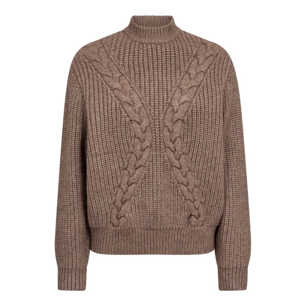 500272-RowCC-Rib-Cable-Knit-20009-11 - Packshot Co'Couture RowCC Rib Cable Knit 500272-20009 in Walnut, bruine gebreide damestrui met kabelstructuur en ribdetails.