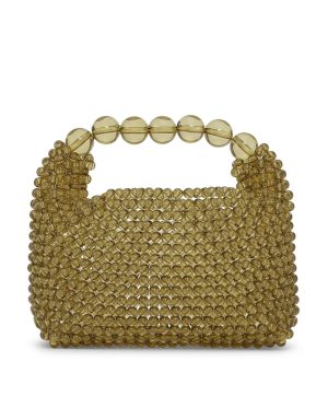 SUI AVA Slouchy Beaded Bag in Green Grape, groene handgemaakte damestas van glanzende kralen met ronde handgreep en slouchy vorm.
