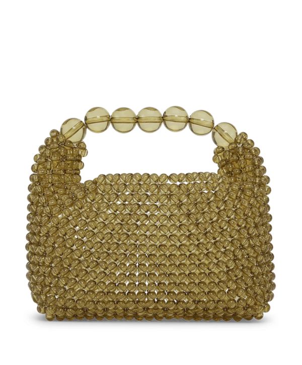 SUI AVA Slouchy Beaded Bag in Green Grape, groene handgemaakte damestas van glanzende kralen met ronde handgreep en slouchy vorm.
