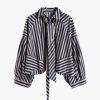 Aímée-The-Label-OsloW6-Blouse-Blue-Stripe Aímée The Label OsloW6 Blouse in Blue Stripe, blauw gestreepte katoenen damesblouse met volumemouwen en afneembare strik.