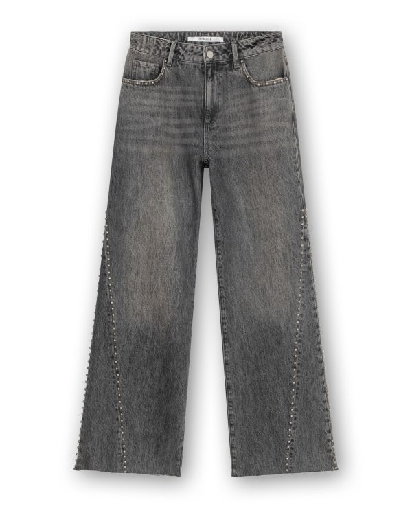 Homage Mid Waist Straight Leg Jeans With Studs H-CW26M31 in Vintage Grey, grijze damesjeans met mid waist, rechte pijpen en studs.