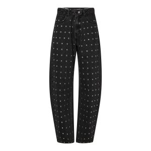 Haute L'Amitié Flip Waist Rivet Tall Jeans HL10875 in Black, zwarte dames barrel jeans met studs en opvallende omgeslagen tailleband.