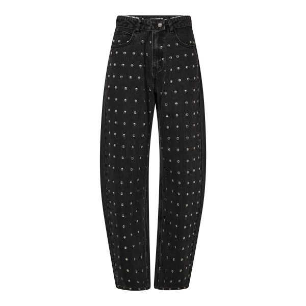 Haute L'Amitié Flip Waist Rivet Tall Jeans HL10875 in Black, zwarte dames barrel jeans met studs en opvallende omgeslagen tailleband.