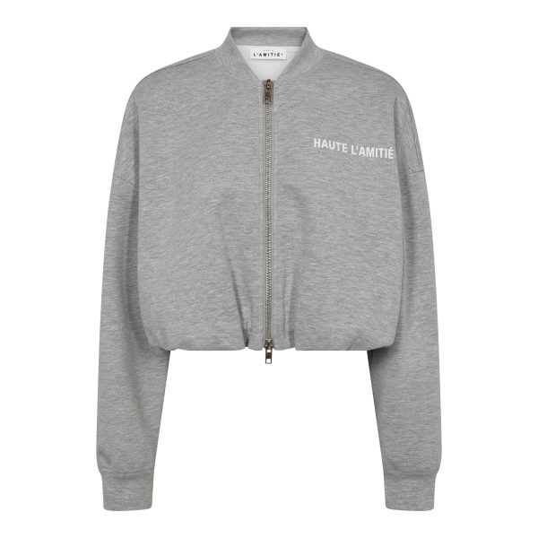 Haute L'Amitié Maxi Crop Zip Sweat HL10880 in Grey Melange, grijs cropped dames sweatvest met oversized fit, ritssluiting en logo op de borst.