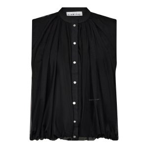 Haute L'Amitié Ballet Logo Tech Vest HL11024 in Black, zwart mouwloos dames gilet met semi-transparante mesh, bubble-effect en groot logo op de rug.