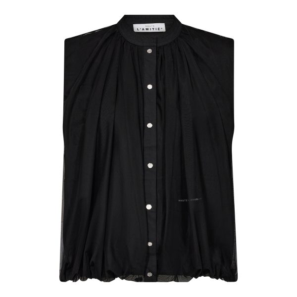 Haute L'Amitié Ballet Logo Tech Vest HL11024 in Black, zwart mouwloos dames gilet met semi-transparante mesh, bubble-effect en groot logo op de rug.