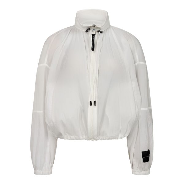 Haute L'Amitié Iron Paper Jacket HL11038 in Paper White, wit transparant damesjack met oversized fit, hoge kraag, ritssluiting en verstelbare trekkoorden.