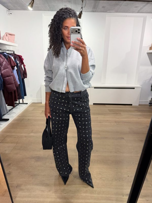 Haute L'Amitié Maxi Crop Zip Sweat HL10880 in Grey Melange, grijs cropped dames sweatvest met oversized fit, ritssluiting en logo op de borst.