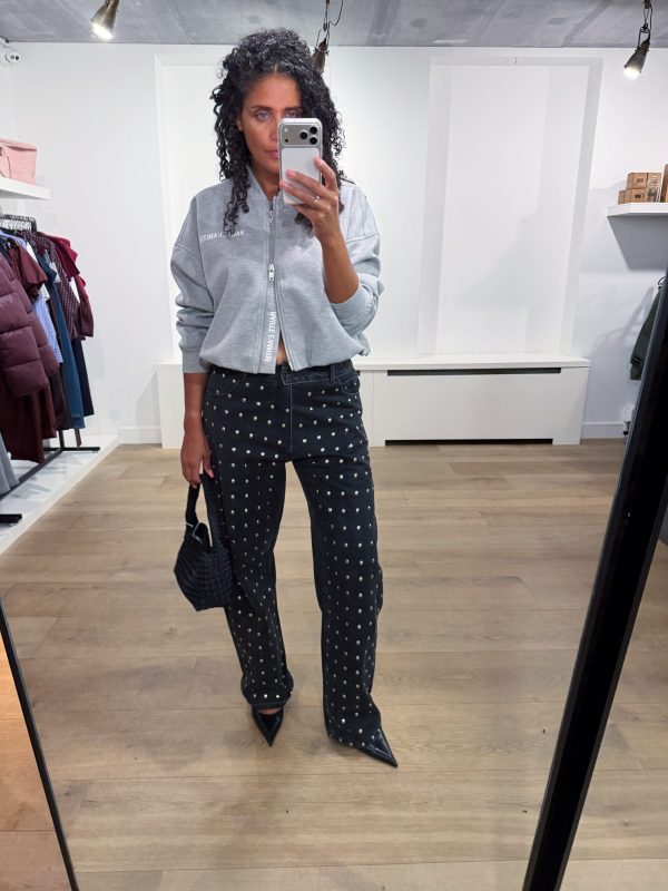 Haute L'Amitié Maxi Crop Zip Sweat HL10880 in Grey Melange, grijs cropped dames sweatvest met oversized fit, ritssluiting en logo op de borst.