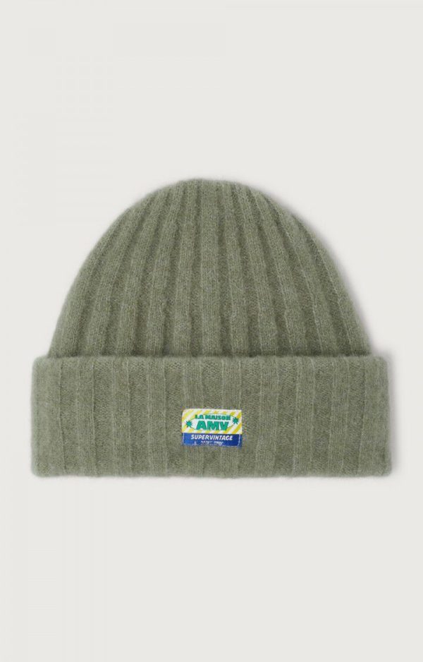American Vintage Vitow muts VITO22AH26KAKMUL in Kaki Multichiné, groen gemêleerde fluffy gebreide muts met omgeslagen rand en American Vintage logolabel.