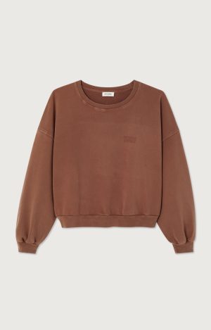 American Vintage Jitbay Sweater JIT03AH26NOYVIN in Noyer Vintage, bruine katoenen dames sweater met loose fit, ronde hals en vintage wassing.