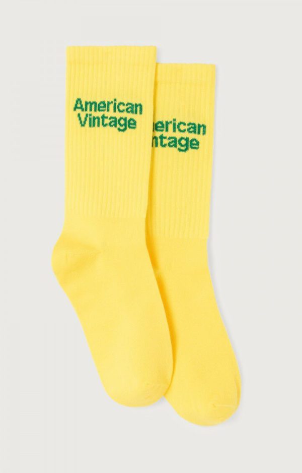 American Vintage Clypsun sokken in geel, katoenen unisex sokken met geribde boord en ingebreid AMV-logo in de kleur Lemon Curd.