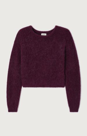 American Vintage Niby trui in Canneberge Chiné, bordeauxrood gemêleerde damestrui met fluffy alpacabreisel, ronde hals, verlaagde schouders en oversized pasvorm.