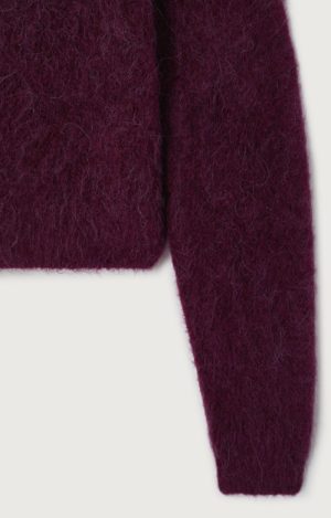 American Vintage Niby trui in Canneberge Chiné, bordeauxrood gemêleerde damestrui met fluffy alpacabreisel, ronde hals, verlaagde schouders en oversized pasvorm.