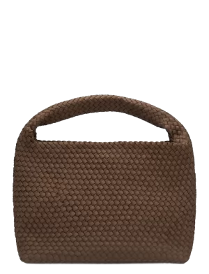 SUI AVA Woven Scuba Shopper in Brown, chocoladebruine gevlochten damestas met lange hengsels en bijpassend etui.