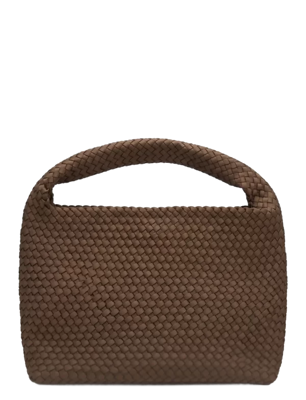 SUI AVA Woven Scuba Shopper in Brown, chocoladebruine gevlochten damestas met lange hengsels en bijpassend etui.
